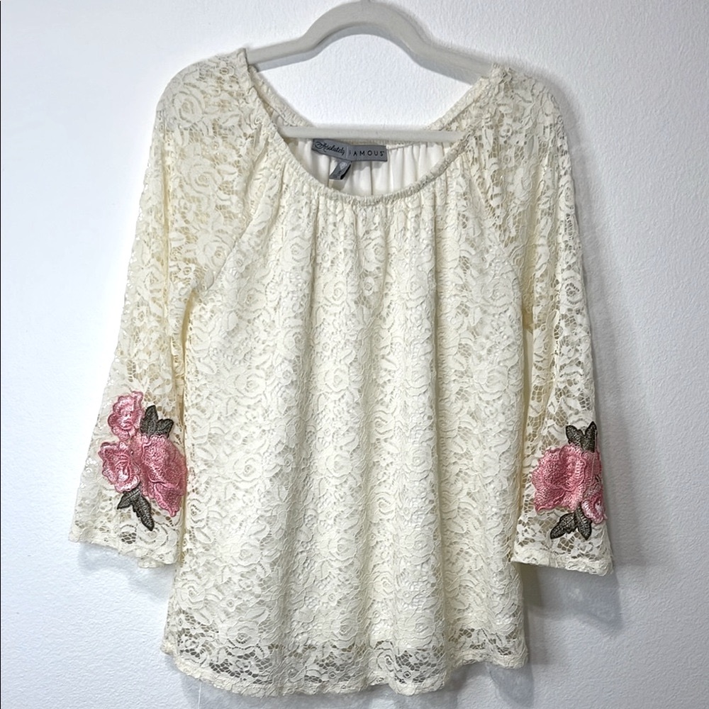 Absolutely Famous Lace Cream Top with Pink Floral Accents Oversized Small EUC